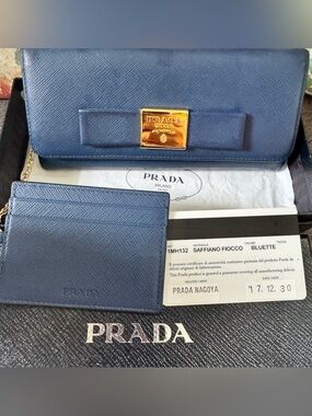 Prada Bluette Saffiano Leather Wallet with Gold Plaque